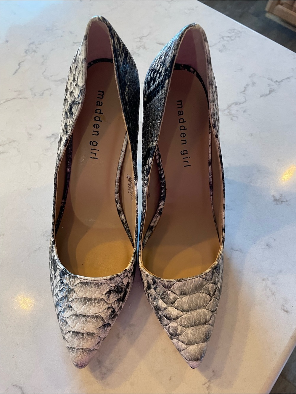 Madden Girl Women's Snake-Print Pointed Toe Pumps in Gray. 4.5 in heels.